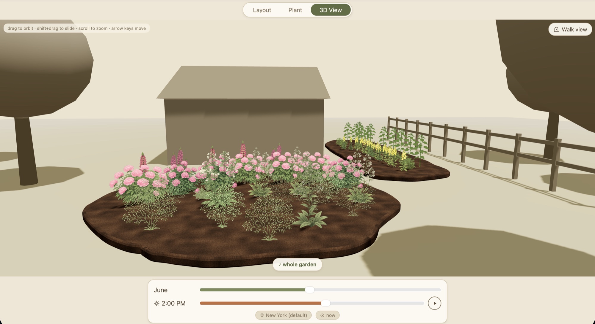 A 3D garden with house, fence and flower beds, designed in the browser